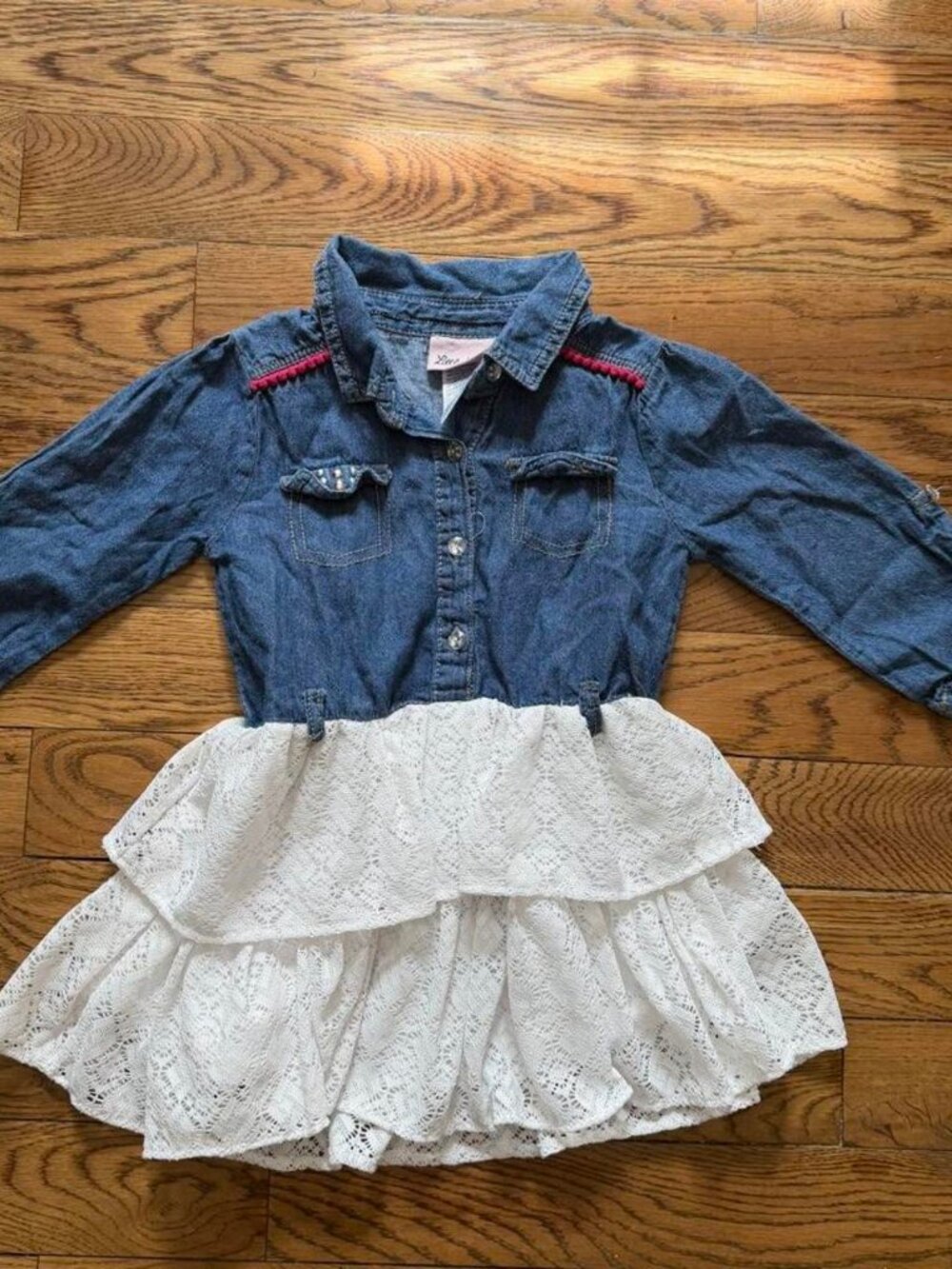Little Lass denim dress with white lace skirt. Size: 6 years #kidsfashion #denim